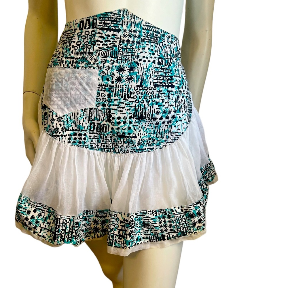 Vintage White with Turquoise/Black Accents Frilly Waist Apron with Front Pocket